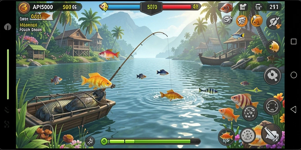 Tampilan gameplay menakjubkan dengan berbagai jenis ikan dan lokasi memancing.