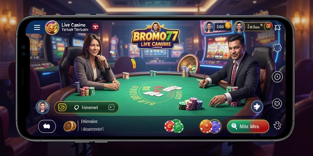 Screenshot dari gameplay BROMO77 yang menampilkan dealer langsung dan tabel permainan.