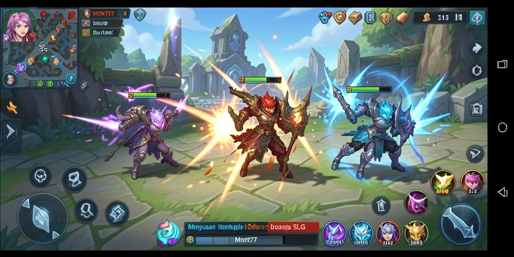 Screenshot gameplay MONTE77 menunjukkan pertempuran yang epik.